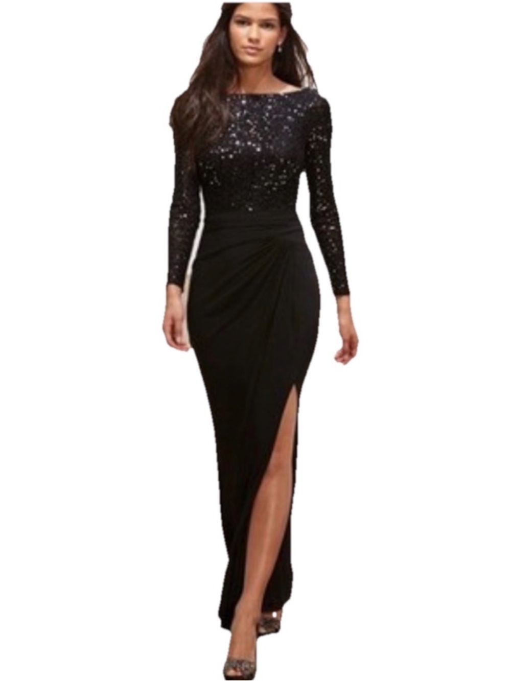 Ralph Lauren Black Sequin Long Sleeve Evening Gown Size 2 Wedding Guest.